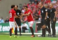 LONDON, ENGLAND - AUGUST 07: Juan Mata of Manchester United is subbed off for Henrikh Mkhitaryan of Manchester United during The FA Community Shield match between Leicester City and Manchester United at Wembley Stadium on August 7, 2016 in London, England.  (Photo by Michael Steele/Getty Images)